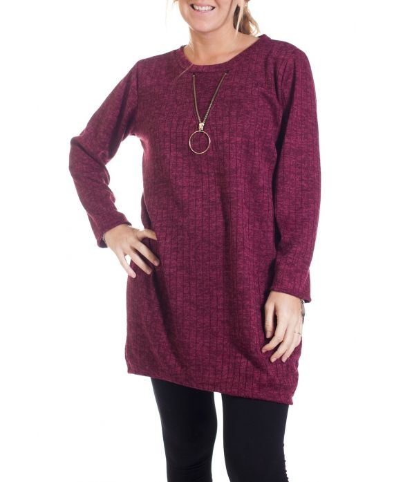 DI GRANDI DIMENSIONI MAGLIONE TUNICA SCOLLO CON ZIP FANTASIA 4350 BORDEAUX