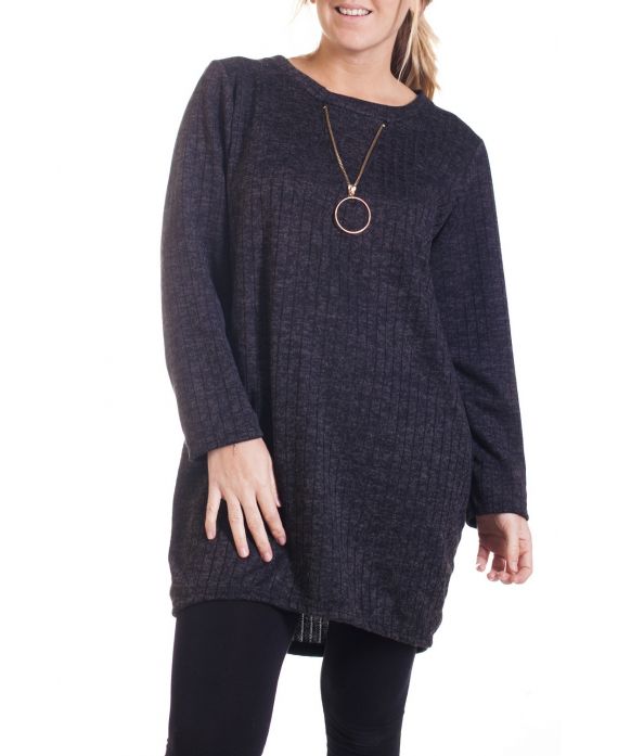 DI GRANDI DIMENSIONI MAGLIONE TUNICA SCOLLO CON ZIP FANTASIA 4350 NERO