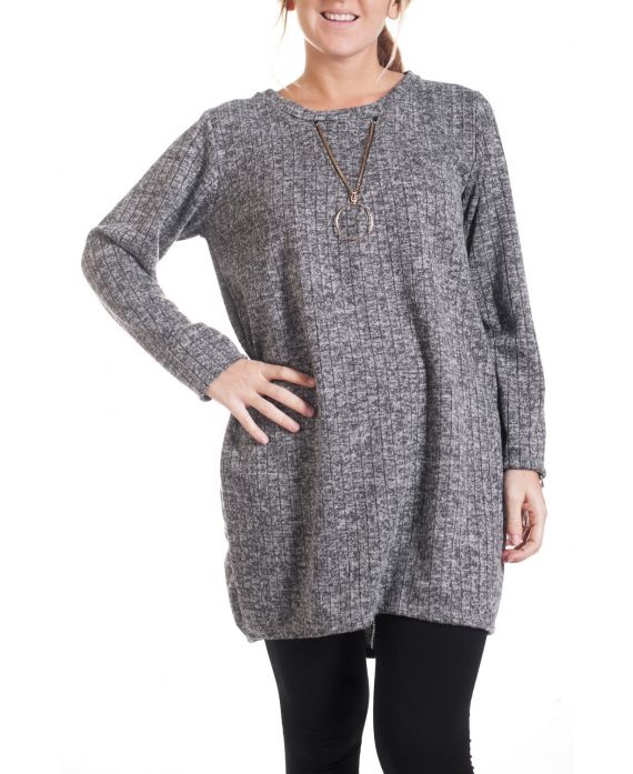 DI GRANDI DIMENSIONI MAGLIONE TUNICA SCOLLO CON ZIP FANTASIA 4350 GRIGIO