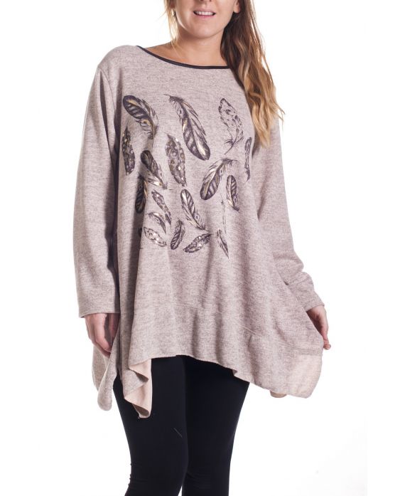 DI GRANDI DIMENSIONI MAGLIONE TUNICA PIUME 4346 BEIGE