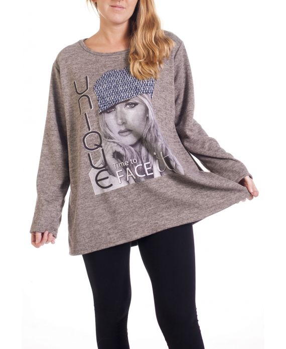 LARGE SIZE SWEATER PRINT WIFE 4291 BEIGE