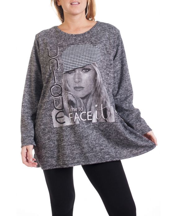 GRANDE TAILLE PULL IMPRIME FEMME 4291 GRIS