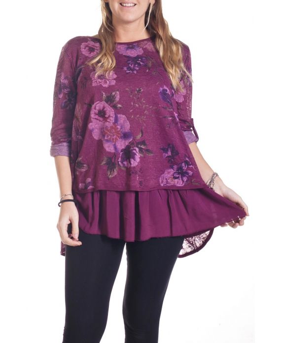 DI GRANDI DIMENSIONI TUNICA FIORI SUPERPOSEE 4352 BORDEAUX