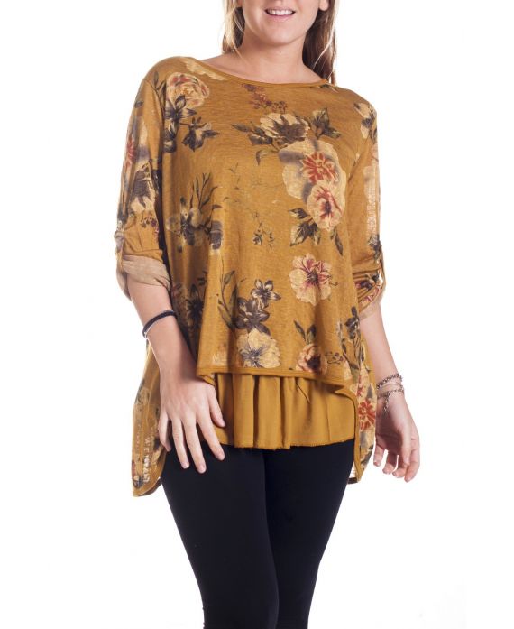 LARGE SIZE TUNIC FLOWERS SUPERPOSEE 4352 MUSTARD