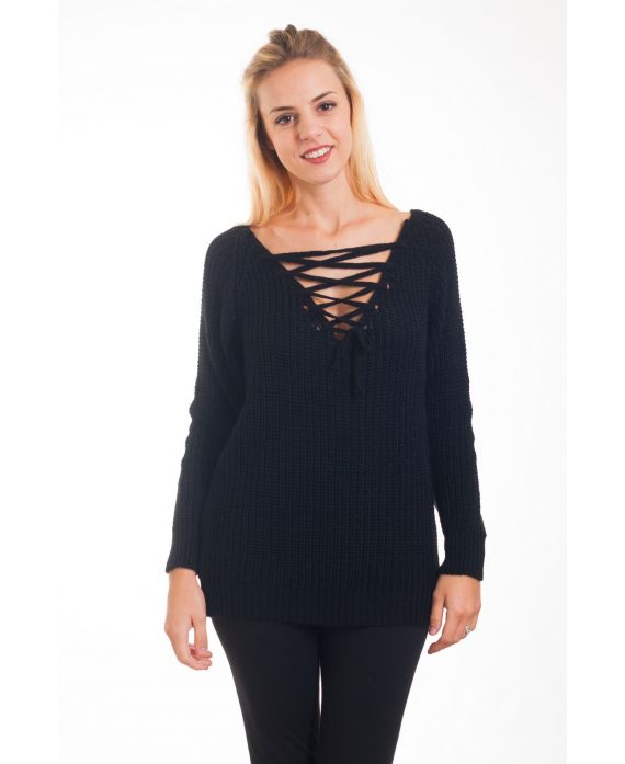 PULLOVER SCOLLO IN PIZZO-UP 4287 NERO