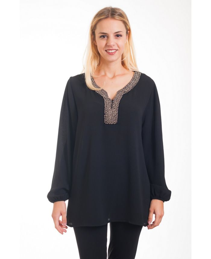 BLOUSE NECKLINE FANCY 4323 BLACK - www.grossiste-pret-a-porter.com