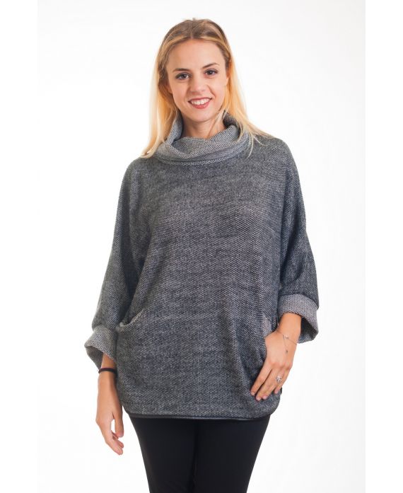 PULL POCHES COL BOULE 4301 GRIS