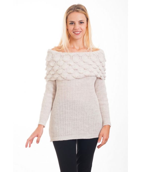 MAGLIA CON SCOLLO A CADERE PERLE 4358 BEIGE