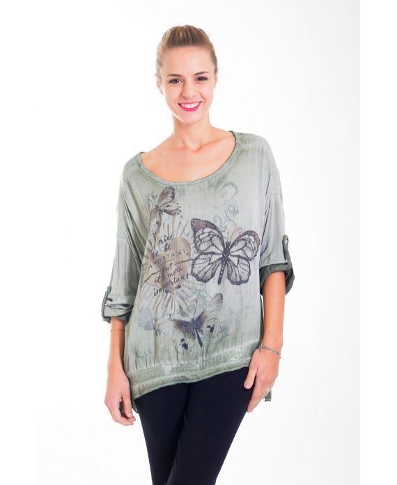 T-SHIRT FARFALLA PAILLETTES 4423 VERDE MILITARE