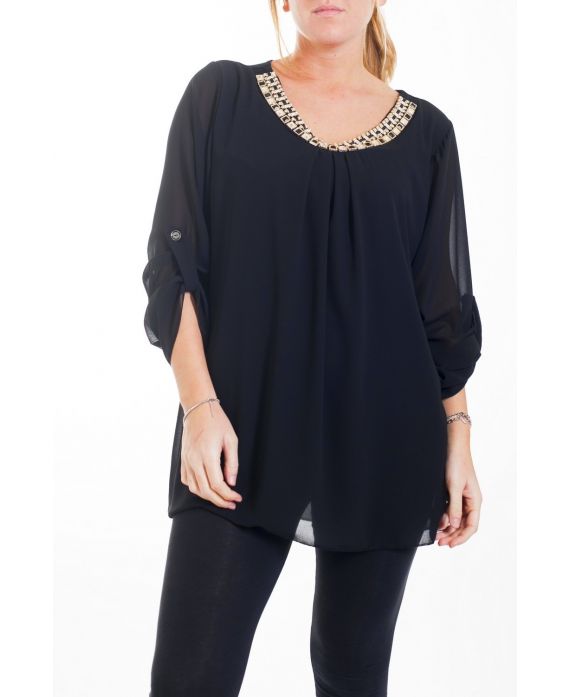 GRANDE TAILLE BLOUSE ENCOLURE FANTAISIE 4457 NOIR