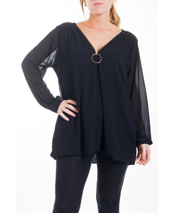 GRANDE TAILLE BLOUSE DENTELLE ENCOLURE ZIPPEE 4463 NOIR