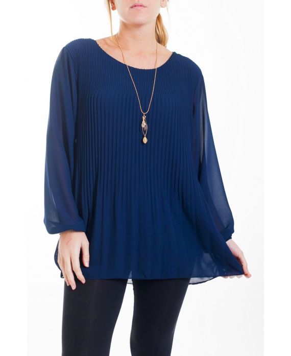 GRANDE TAILLE TUNIQUE EFFET PLISSE + BIJOU 4472 BLEU MARINE