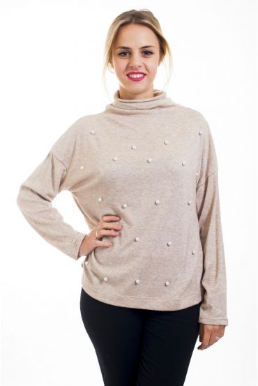 T-SHIRT COLLO ROTOLO DI PERLINE 4502 BEIGE