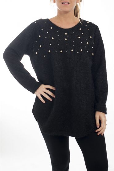 LARGE SIZE SWEATER GLOSSY EFFECT BEADS 4507 BLACK