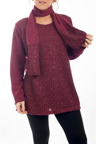 LARGE SIZE SWEATER GLOSSY EFFECT + SCARF 4510 BORDEAUX