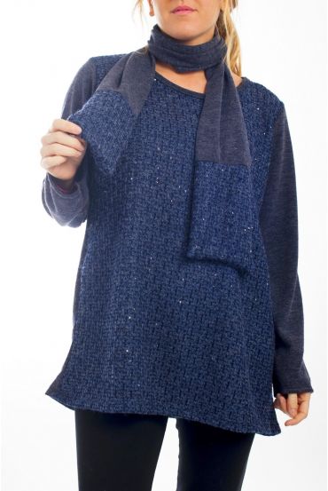 LARGE SIZE SWEATER GLOSSY EFFECT + SCARF 4510 BLUE