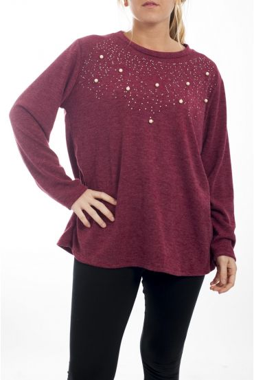 LARGE SIZE SWEATER-RHINESTONES & PEARLS 4512 BORDEAUX