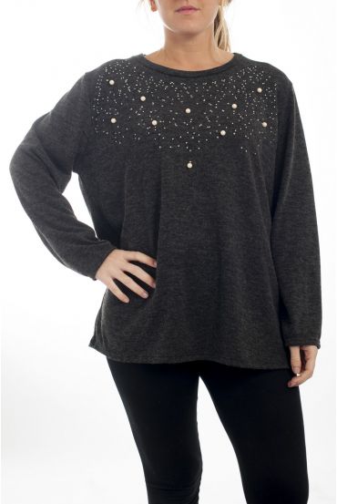 LARGE SIZE SWEATER-RHINESTONES & PEARLS 4512 GREY