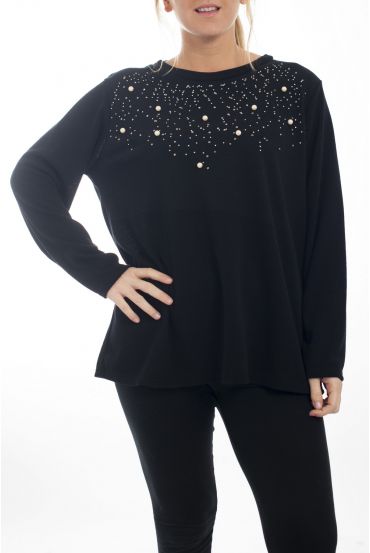 LARGE SIZE SWEATER-RHINESTONES & PEARLS 4512 BLACK