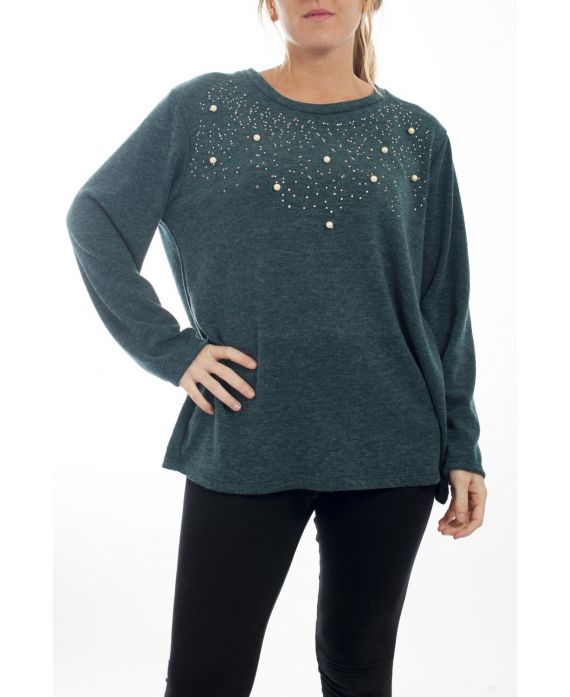 LARGE SIZE SWEATER-RHINESTONES & PEARLS 4512 GREEN