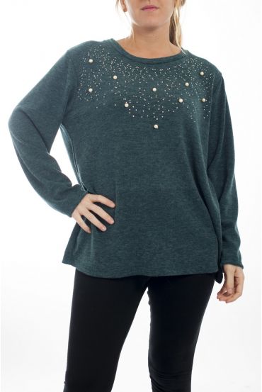 LARGE SIZE SWEATER-RHINESTONES & PEARLS 4512 GREEN