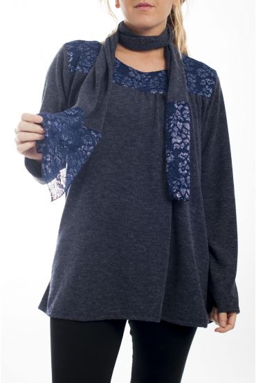 LARGE SIZE SWEATER + SCARF LACE 4513 BLUE