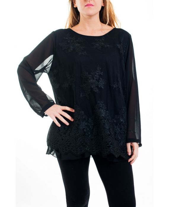 GRANDI DIMENSIONI, TOP TUNICA IN PIZZO SUPERPOSEE 4519 NERO