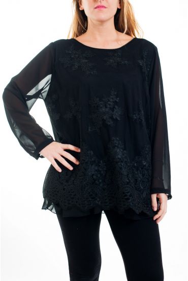 LARGE SIZE TUNIC TOP LACE SUPERPOSEE 4519 BLACK