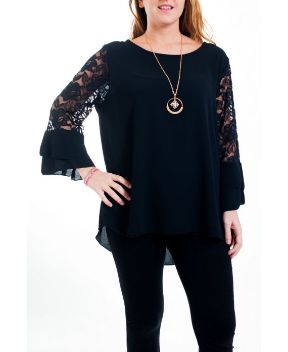 GRANDE TAILLE BLOUSE DENTELLE + COLLIER 4516 NOIR