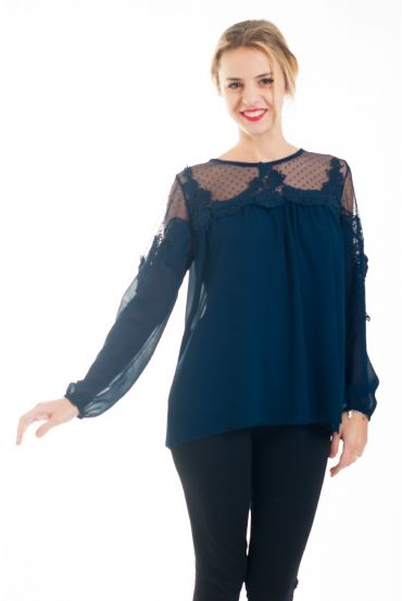 BLOUSE EMPIECEMENT DENTELLE 4529 BLEU MARINE