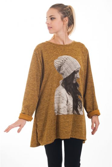 PULL TUNIQUE IMPRIME FEMME 4540 MOUTARDE