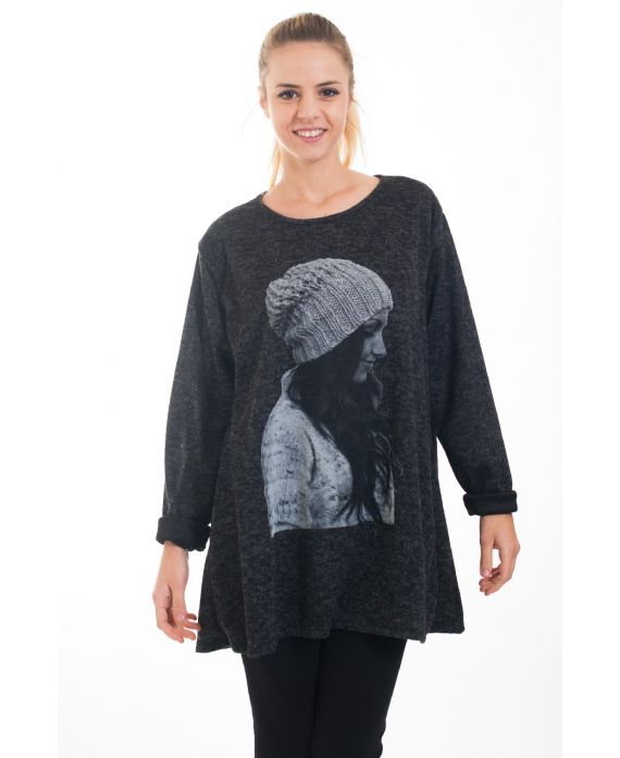 PULL TUNIQUE IMPRIME FEMME 4540 NOIR