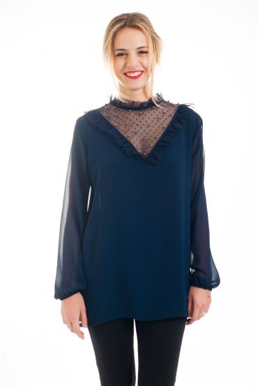 BLOUSE DENTELLE CLOUTEE 4531 BLEU MARINE