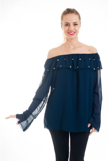 BLOUSE ENCOLURE PERLES 4527 BLEU MARINE