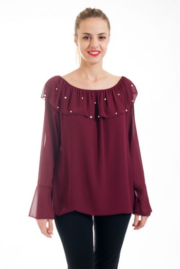 BLOUSE ENCOLURE PERLES 4527 BORDEAUX