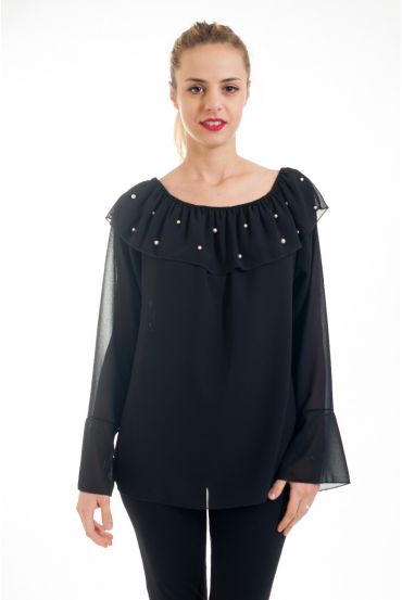 BLOUSE ENCOLURE PERLES 4527 NOIR