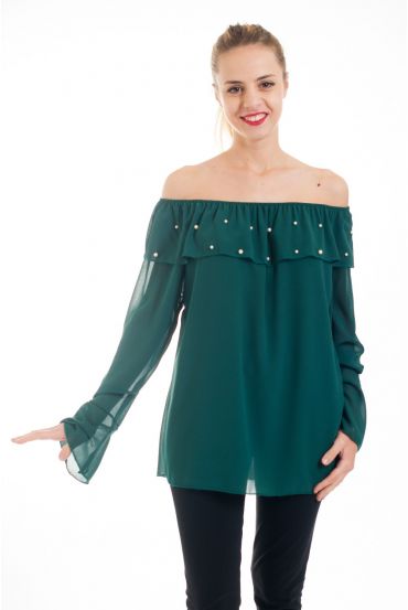 BLOUSE ENCOLURE PERLES 4527 VERT MILITAIRE