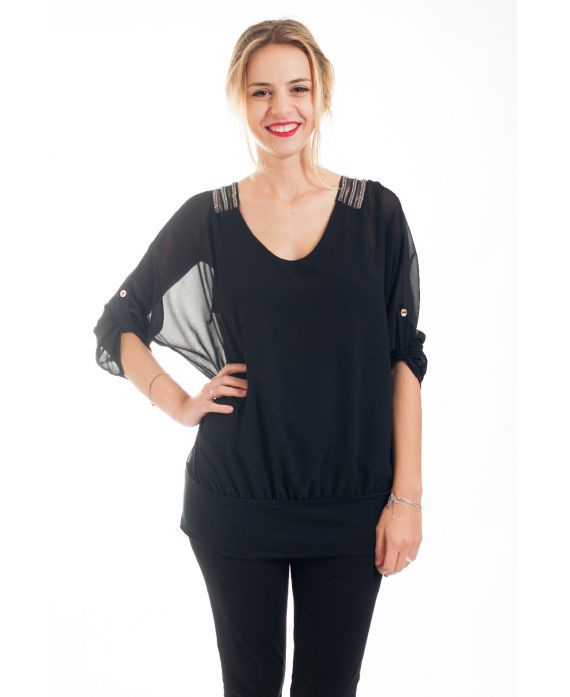 BLOUSE BRETELLES STRASS 4550 NOIR