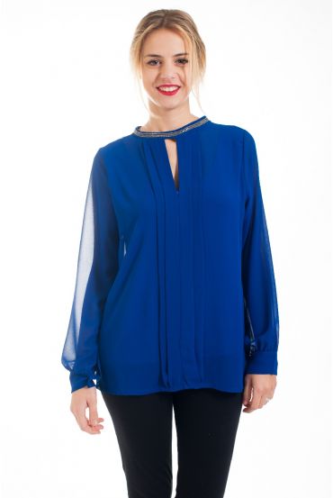 BLOUSE ENCOLURE STRASS 4536 BLEU ROYAL