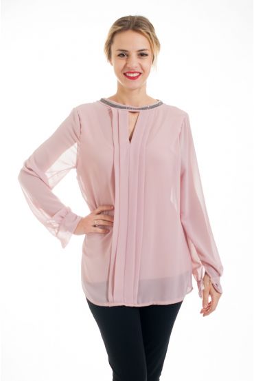 BLOUSE HEEFT EEN V-HALS STRASS 4536 ROZE