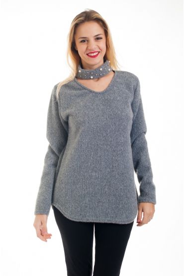 PULLOVER AUSSCHNITT PERLEN 4571 GRAU