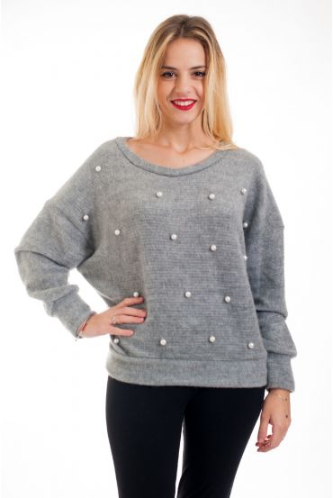 SWEATER HAS BEADED TIE 4568 GREY