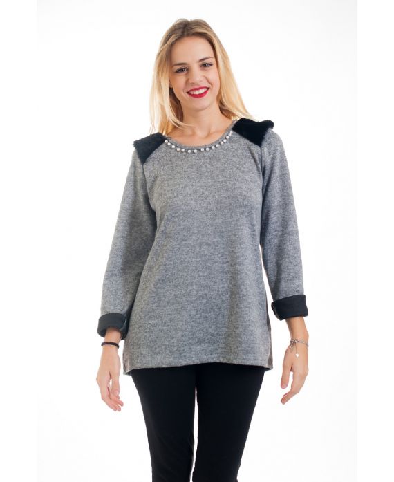 PULL PERLES ET FAUSSE FOURRURE 4566 GRIS