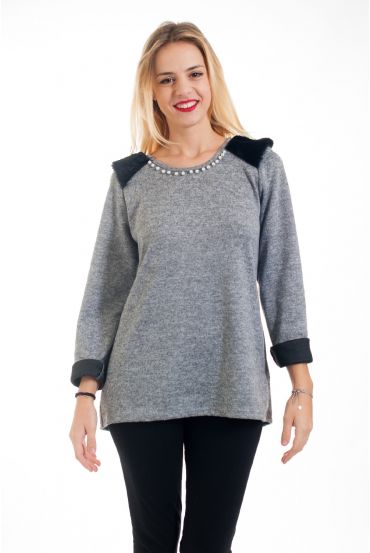 PULL PERLES ET FAUSSE FOURRURE 4566 GRIS