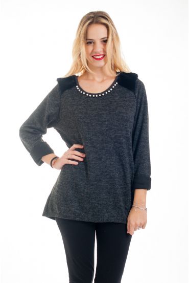 PULL PERLES ET FAUSSE FOURRURE 4566 NOIR