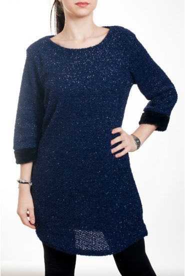 DRESS WITH SHINY EFFECT FAUX FUR 4575 BLUE