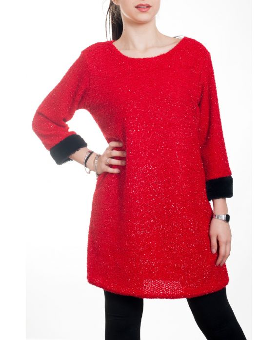 DRESS WITH SHINY EFFECT FAUX FUR 4575 RED