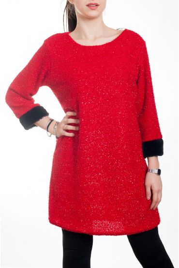 DRESS WITH SHINY EFFECT FAUX FUR 4575 RED