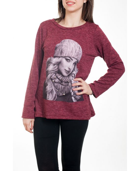 PULL IMPRIME FEMME 4582 BORDEAUX