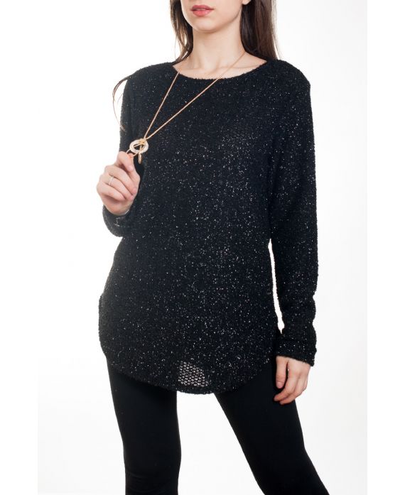 PULL EFFET BRILLANT + COLLIER 4577 NOIR